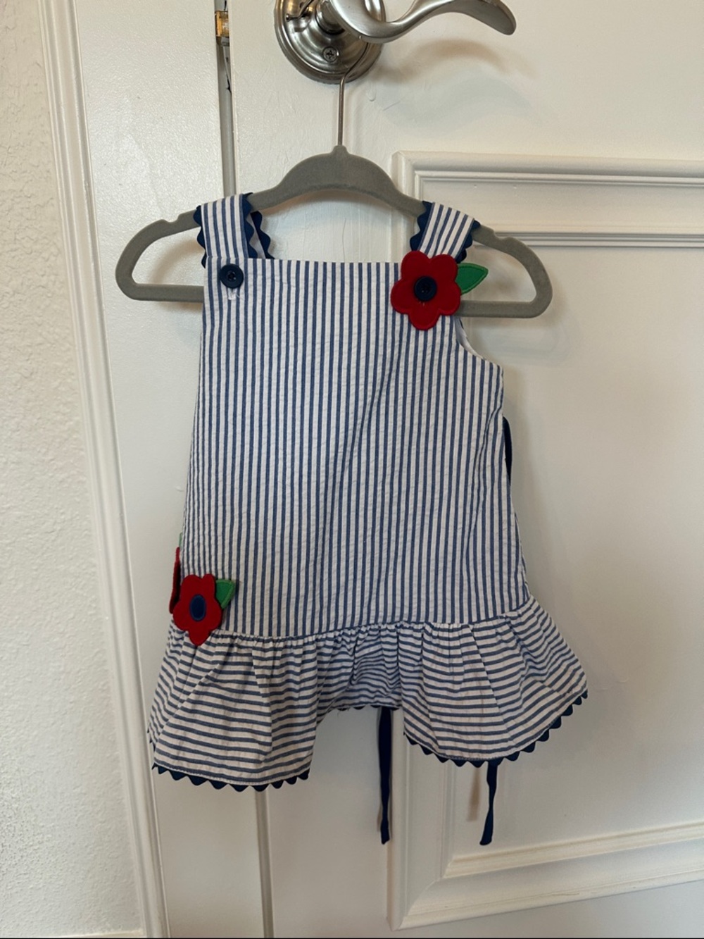 Florence Eiseman Navy and White Stripe Sundress with Red Flower Appliqués